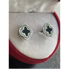 Сребристи стоманени обеци с черен камък, модел на Ван Клийф - 5062