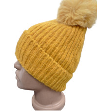 Зимна дамска шапка в цвят горчица, с пух - 8301