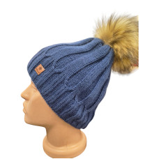 Зимна дамска синя шапка с естествен пух - 8305