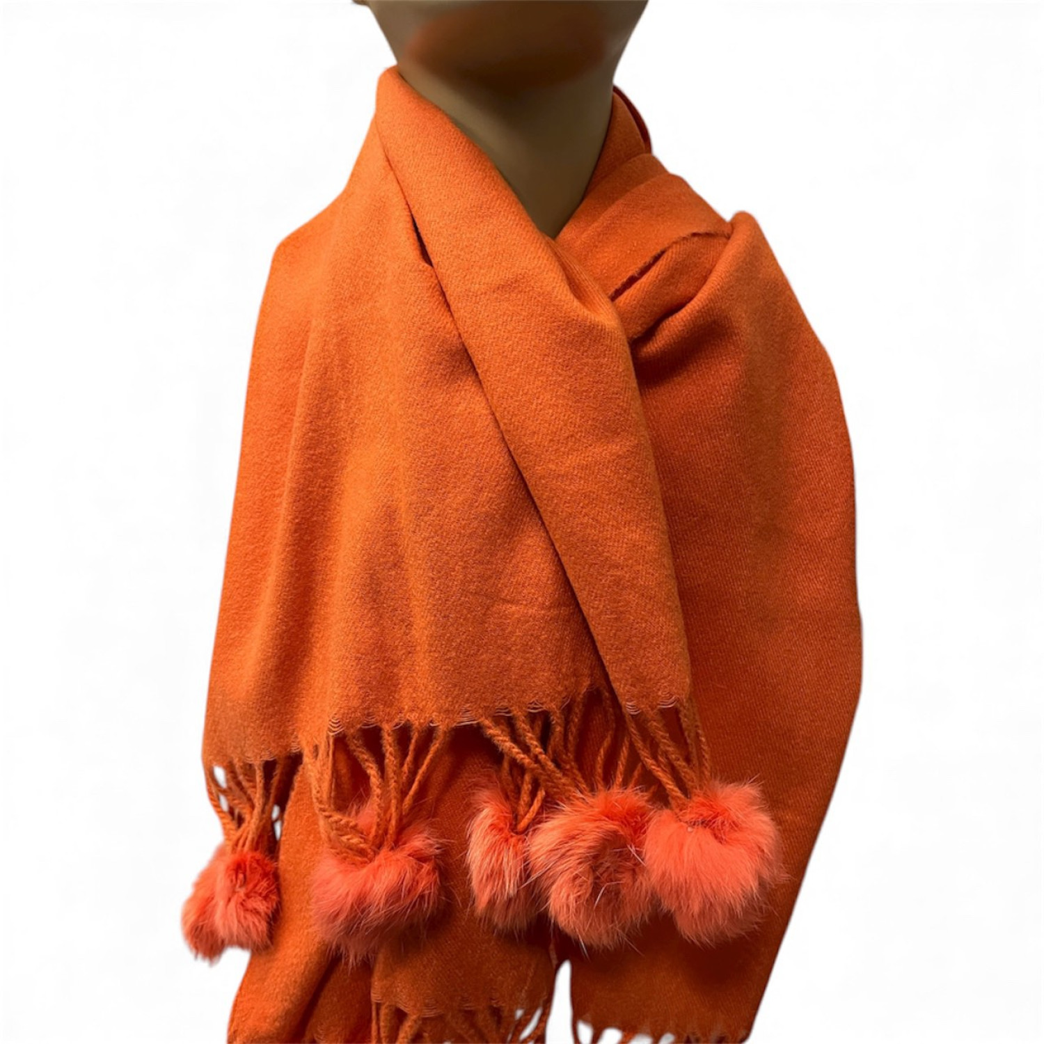 Оранжев кашмирен шал с пухени пискюли - 3112 Оранжев кашмирен шал с пухени пискюли - 3112