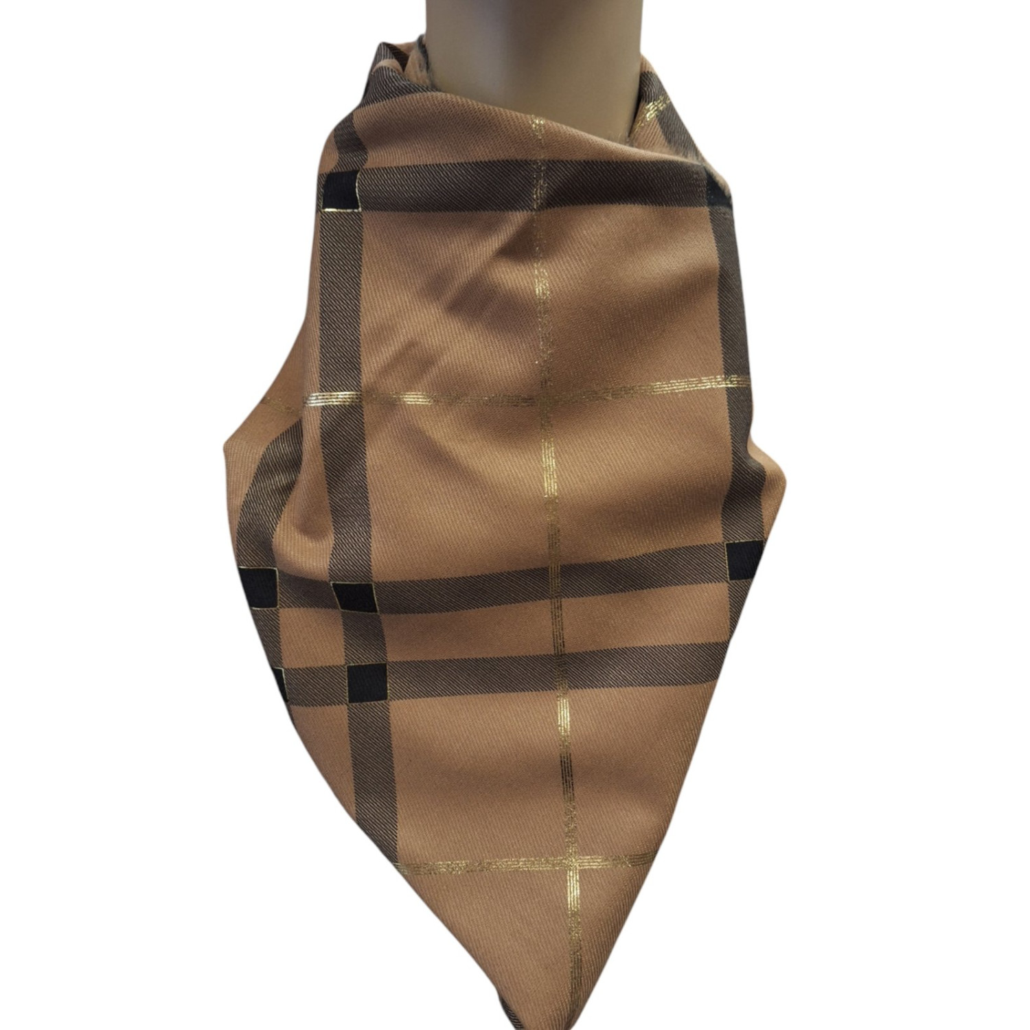 Дамски кашмирен шал в кафяв цвят с черни и златни ленти - 3104 Дамски кашмирен шал в кафяв цвят с черни и златни ленти - 3104